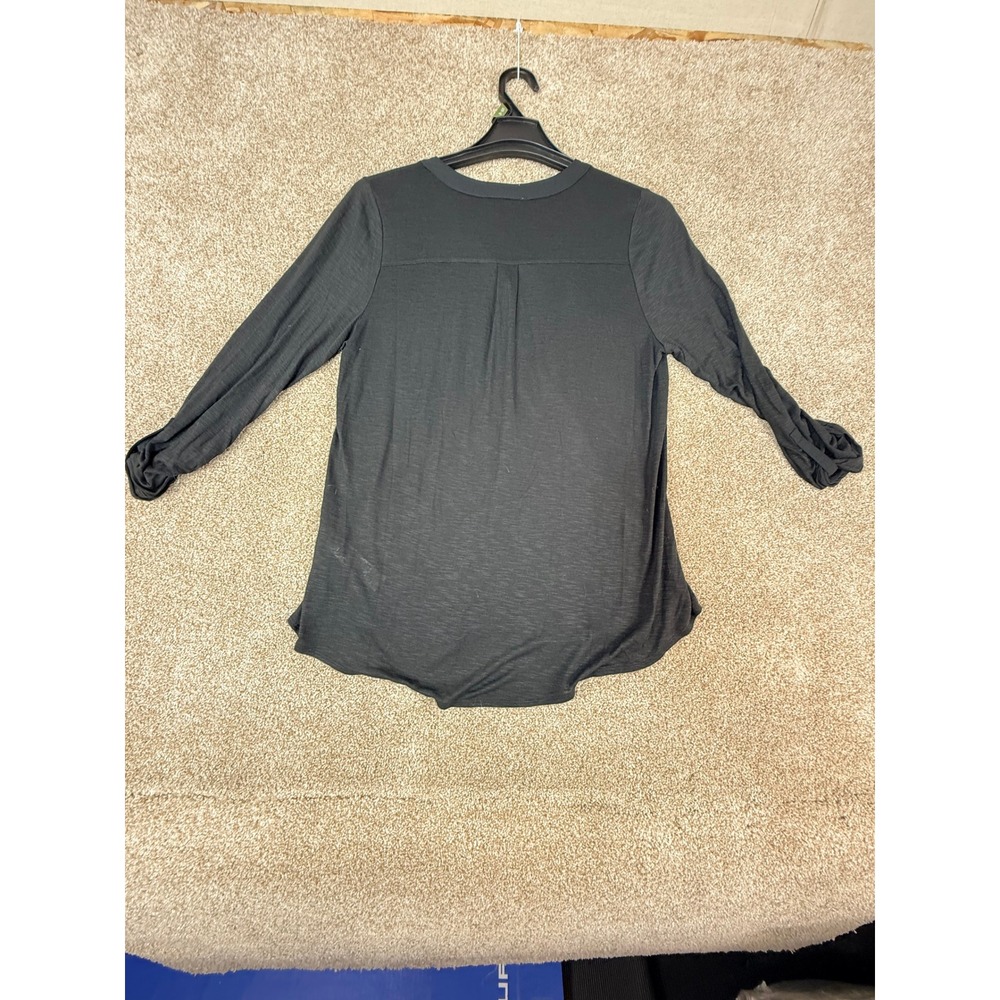 White House Black Market Black Rayon Slub Henley High-Low Top Womens Large L - Picture 2 of 10